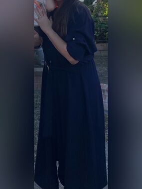 Zara Navy Long-Sleeve Button-Front Maxi Dress